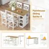 TOPMAX 60"Lx30"W Solid Wood Farmhouse Counter Height Dining Table Set with 3-Tier Storage Shelves, Upholstered Dining Chairs for 4, 5-Piece, White